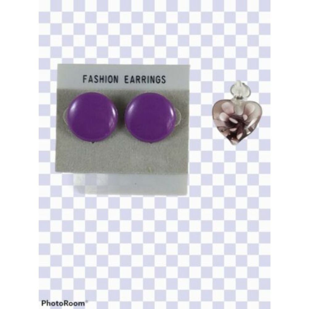 Clear Heart Necklace Purple Earrings Pierced Flower Pendant Silver Tone Chain 22